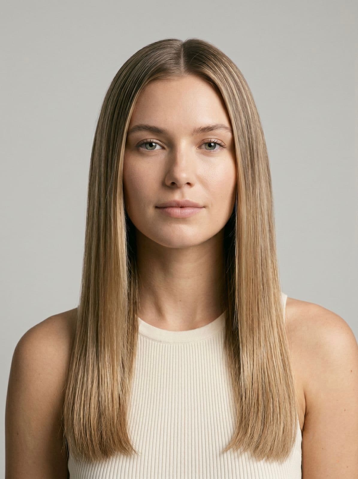Before — a selfie with sleek, straight hair
